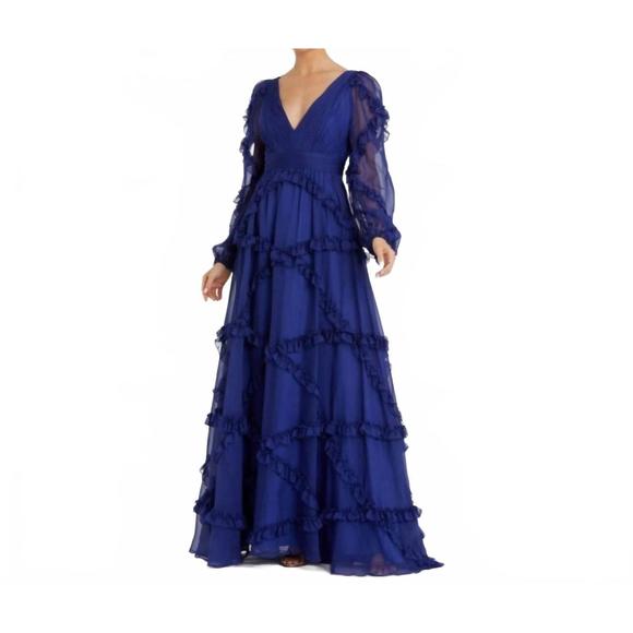 NEW MAC DUGGAL ruffle a-line gown with sheer long sleeves in sapphire blue  Women